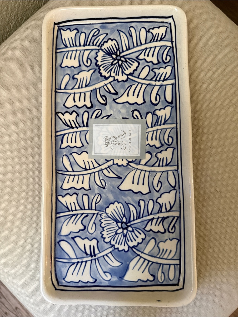 NWT Hand-painted Rimmed Ceramic Tray, Blue/Cream, ~12.5”x6.25”x1”, Floral Design